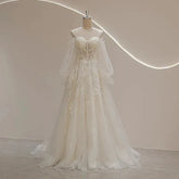 SL-9293 Suli Romantic Sweetheart Neckline Puff Long Sleeve Bride Wedding Dress Lace Appliques Beading Bohemian Bridal Gown Ivory 50Cm